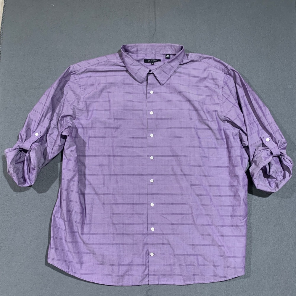 SYNGRY Mens 4XL Purple Plaid Button Down Shirt‎ Long Sleeve Roll Tab Casual Work